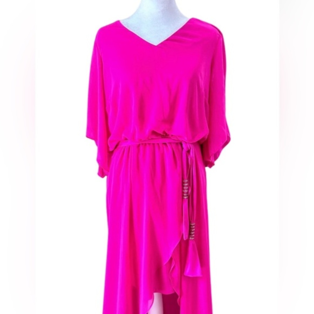 MSK SZ M Fuchsia High-Low Fit & Flare Embellished Belt Cold Shoulder Dress NWT